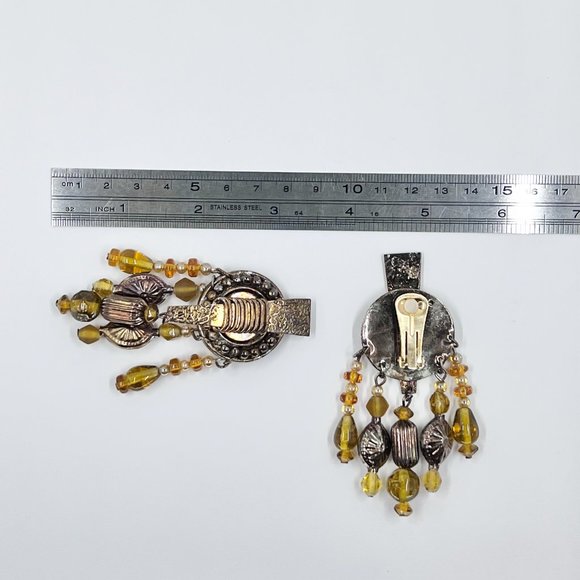 NWOT - Large Yellow Beaded Antiqued Gold Statement Chandelier Clip Earrings - Picture 4 of 8